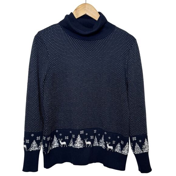 L.L. Bean Cotton Cashmere Blend Medium Petite Winter Scene Turtleneck Sweater - Picture 1 of 8